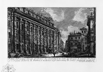 Ansicht des seitlichen Überrests des Portikus, der die Zelle des Tempels von Antoninus Pius umgab, heute die Zollstation von Giovanni Battista Piranesi